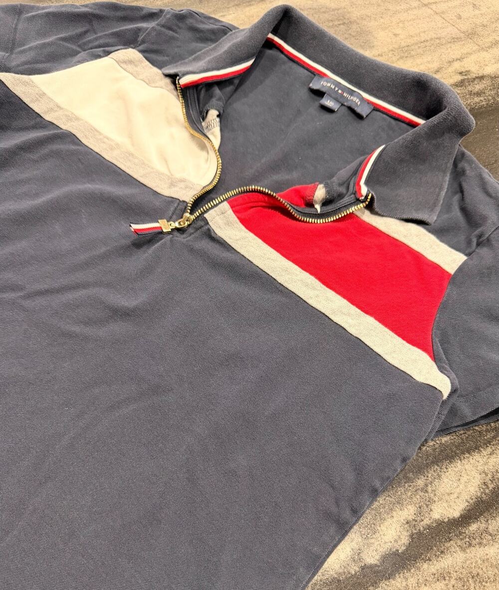 Tommy Hilfiger Womens L Colorblock 1/4 Zip Stretch Pique Polo Navy Red White